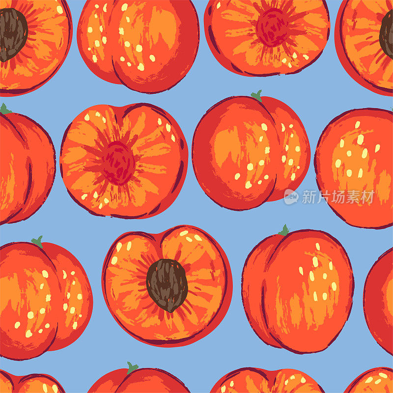 Seamless pattern of peaches in modern style. Vector illustration of fresh tasty fruits. Bright contemporary ornament. Design for decor, wallpaper, background, textile.